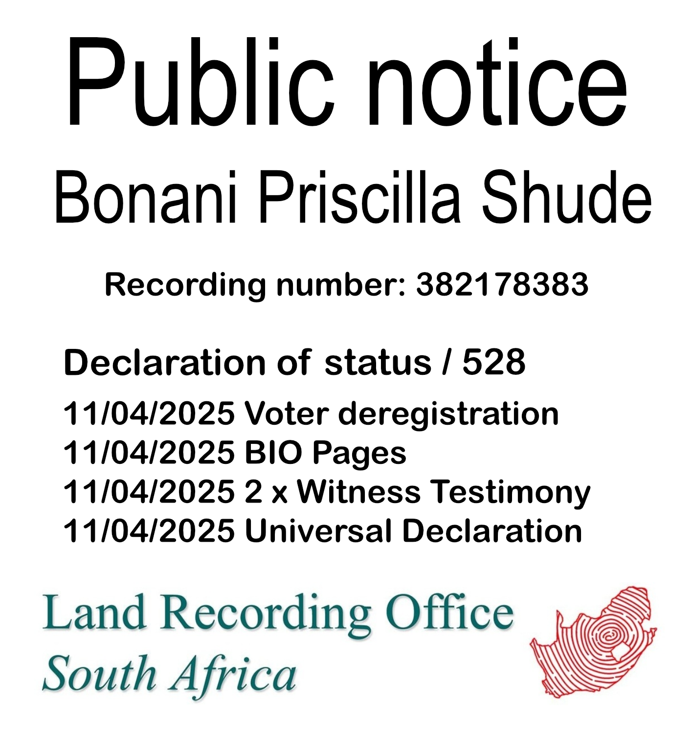 Public Notice Bonani Priscilla Shude (c) Recording number 382178383
